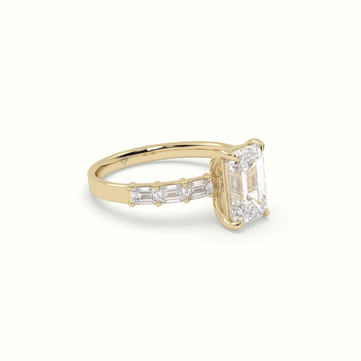 18K Yellow Gold Emerald Cut Diamond Engagement Ring with Baguette Side Stones