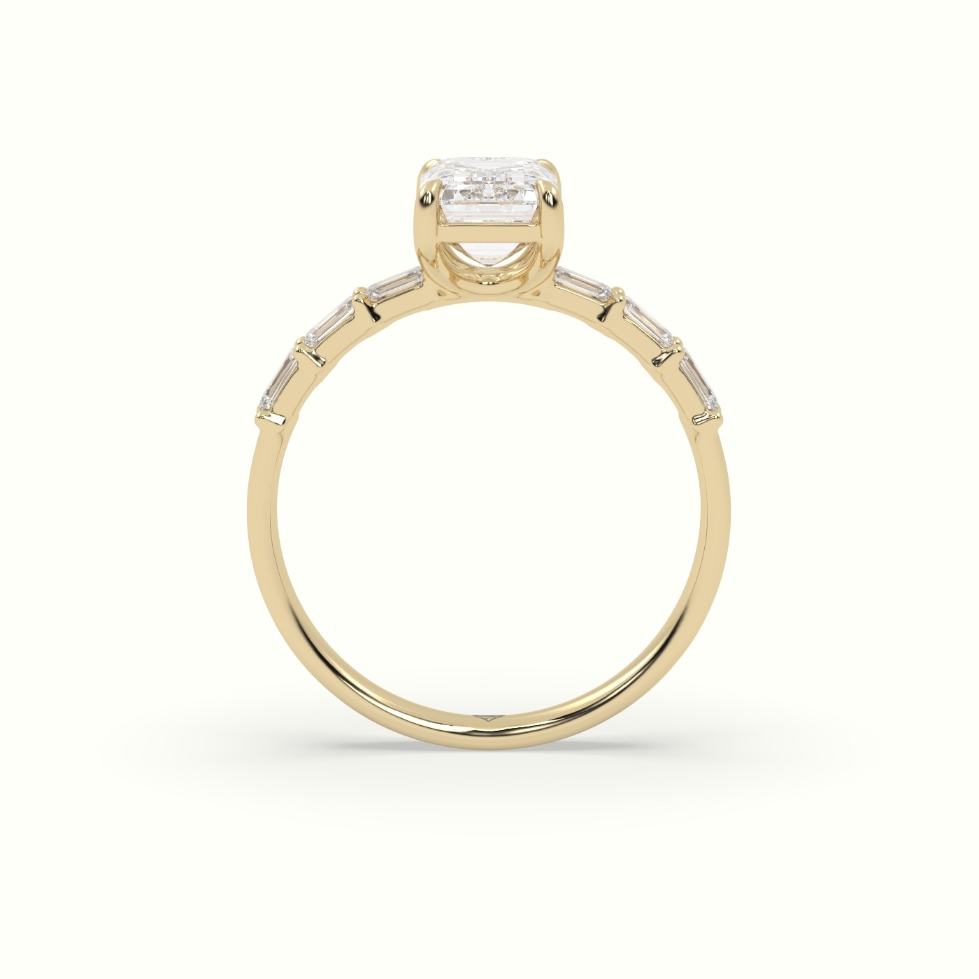 18K Yellow Gold Emerald Cut Diamond Engagement Ring with Baguette Side Stones