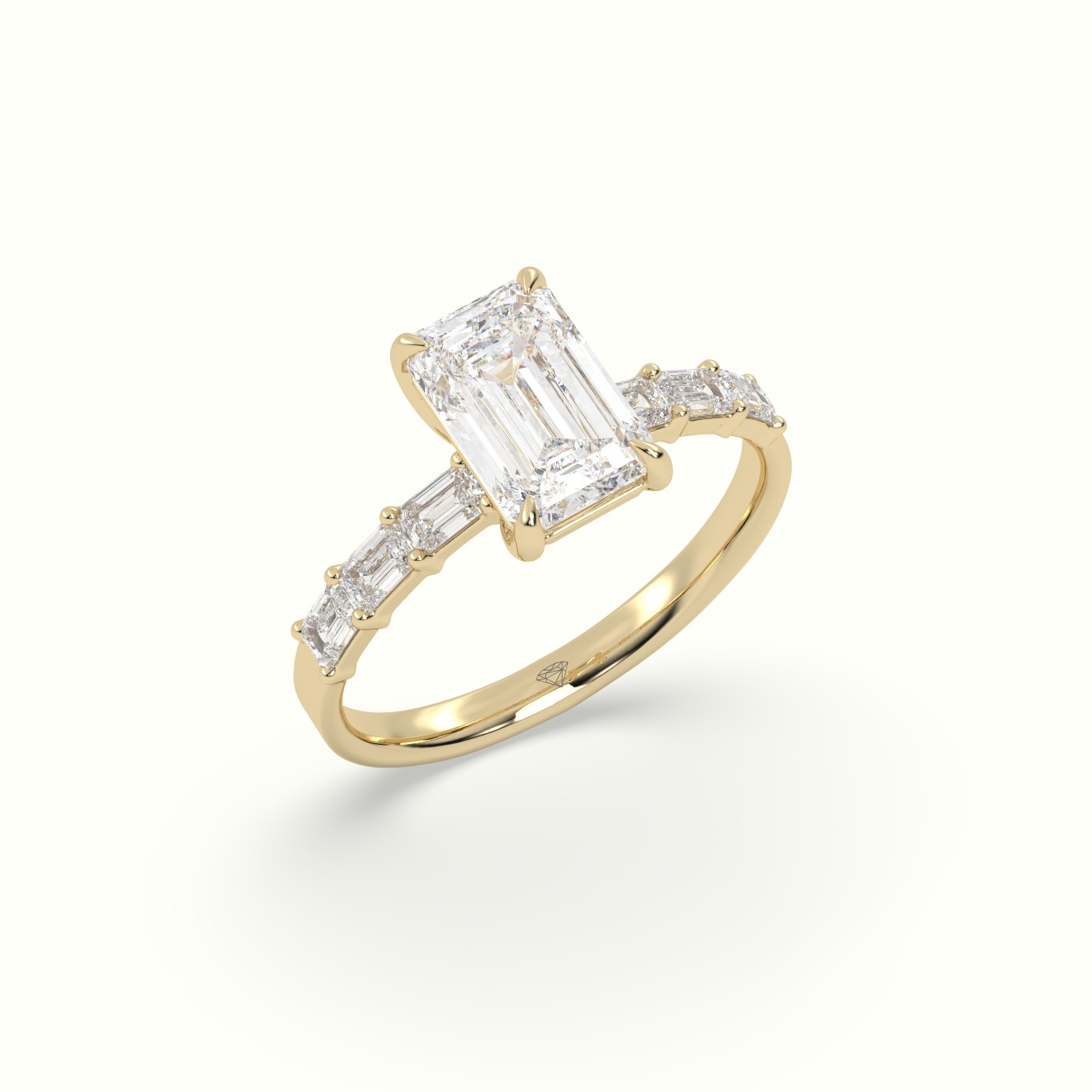 18K Yellow Gold Emerald Cut Diamond Engagement Ring with Baguette Side Stones