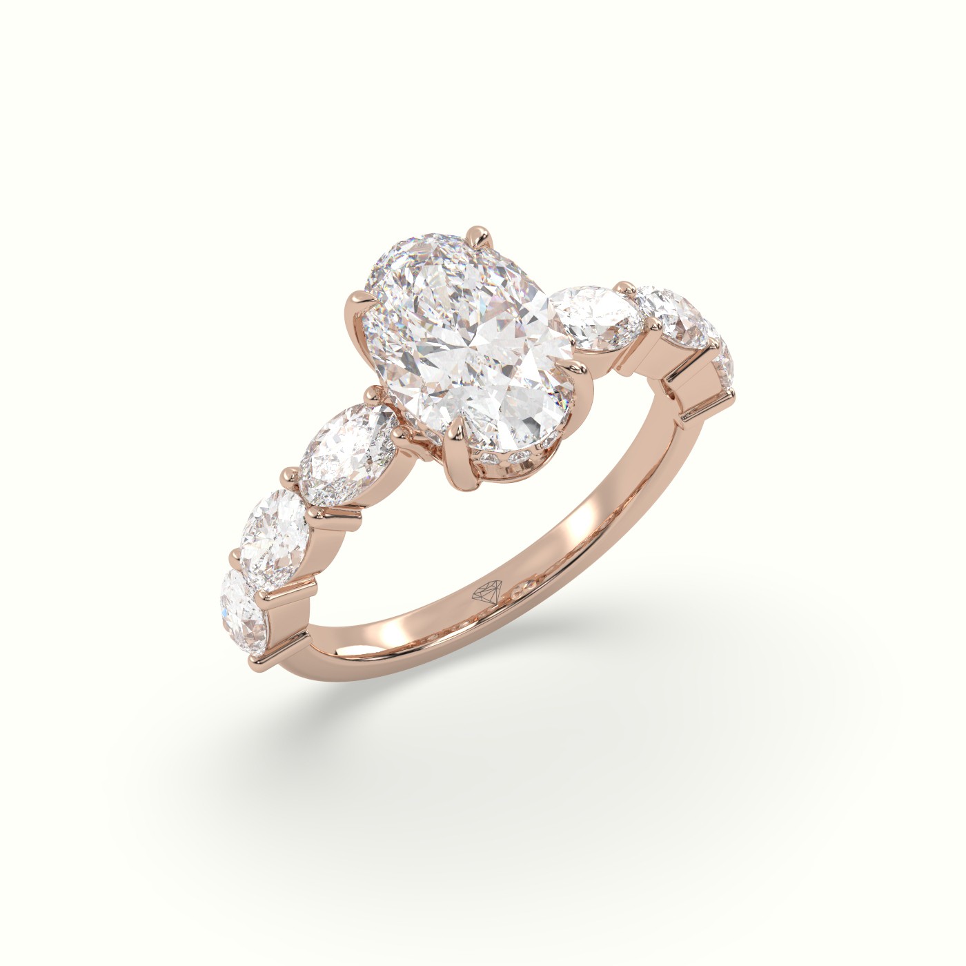 18K Rose Gold Oval Diamond Engagement Ring with Side Ovals