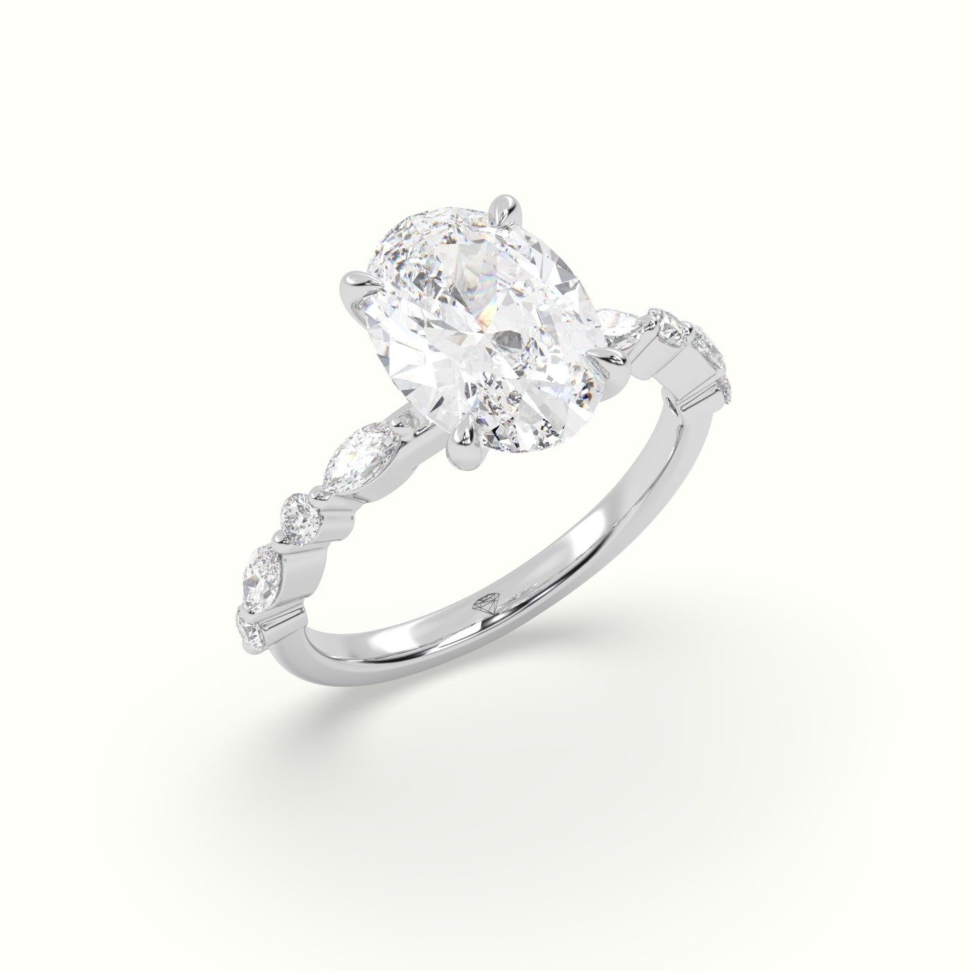 18K White Gold Oval Center Diamond Engagement Ring with Marquise and Round Side Stones