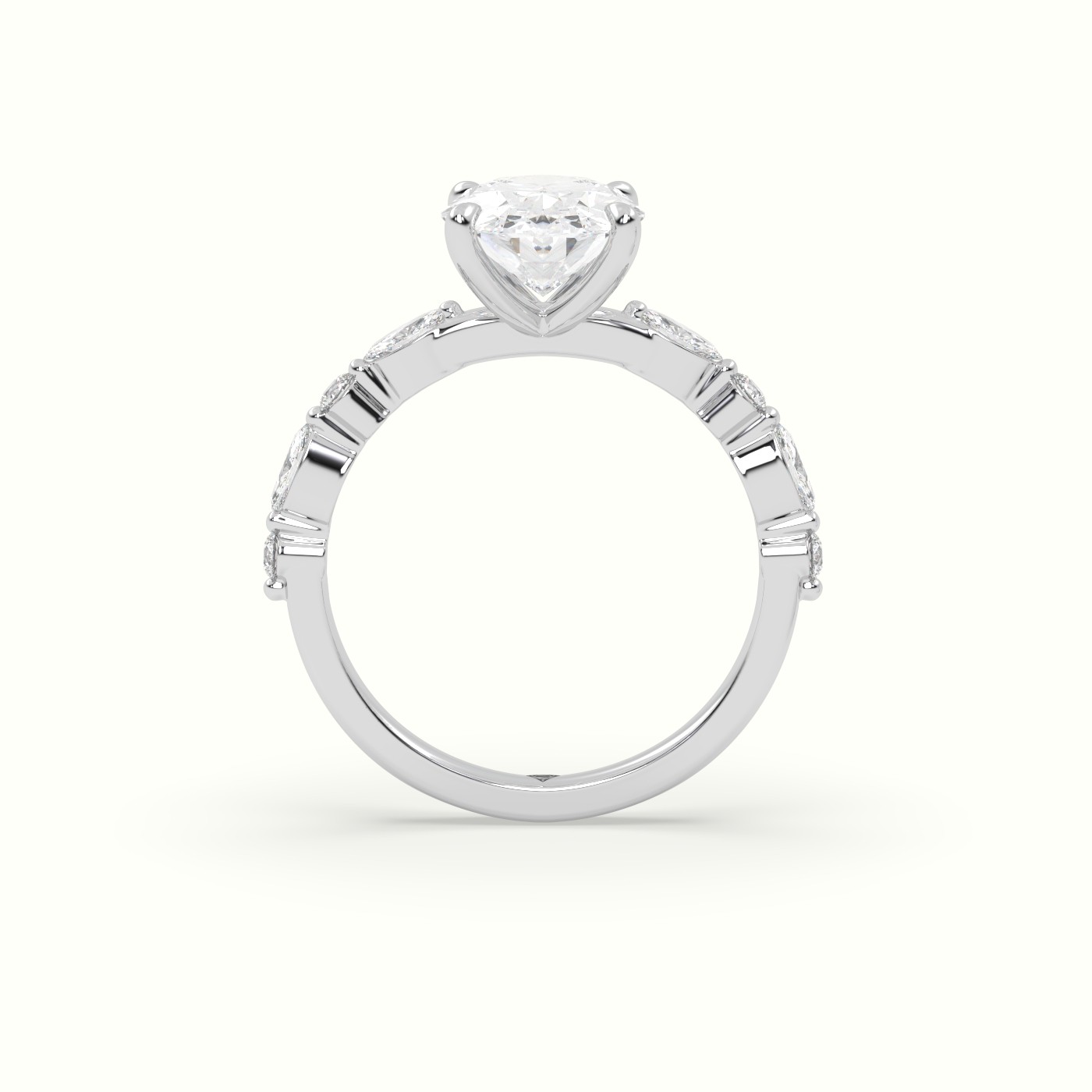 18K White Gold Oval Center Diamond Engagement Ring with Marquise and Round Side Stones