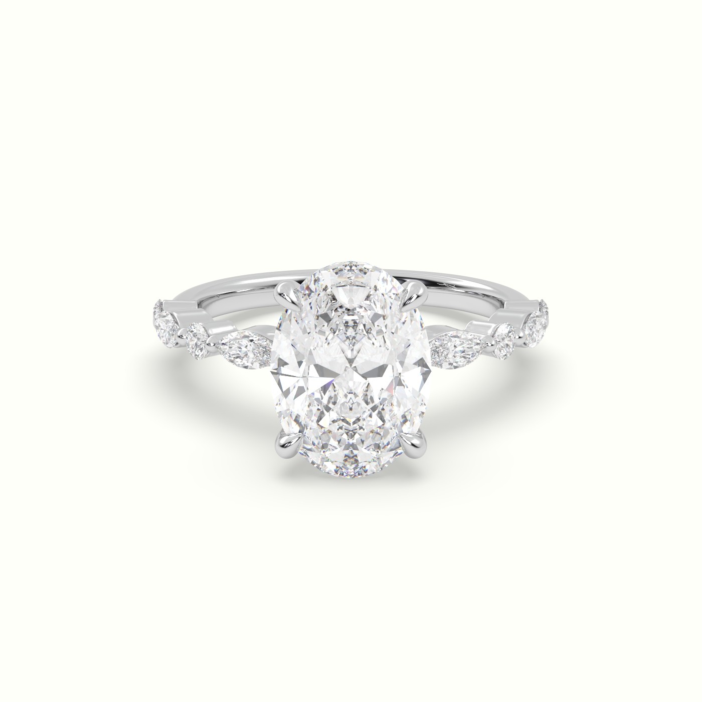 18K White Gold Oval Center Diamond Engagement Ring with Marquise and Round Side Stones