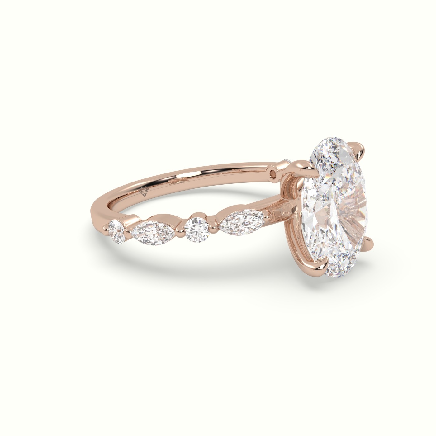 18K Rose Gold Oval Center Diamond Engagement Ring with Marquise and Round Side Stones