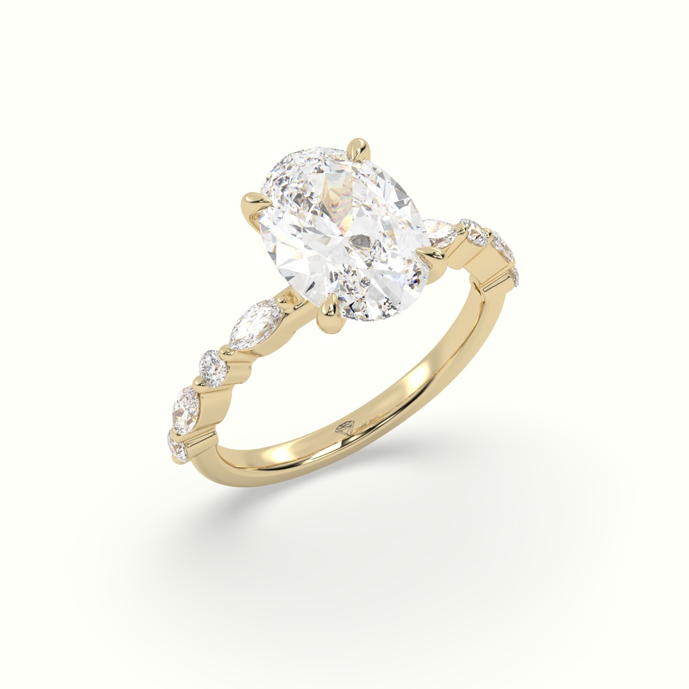 18K Yellow Gold Oval Center Diamond Engagement Ring with Marquise and Round Side Stones