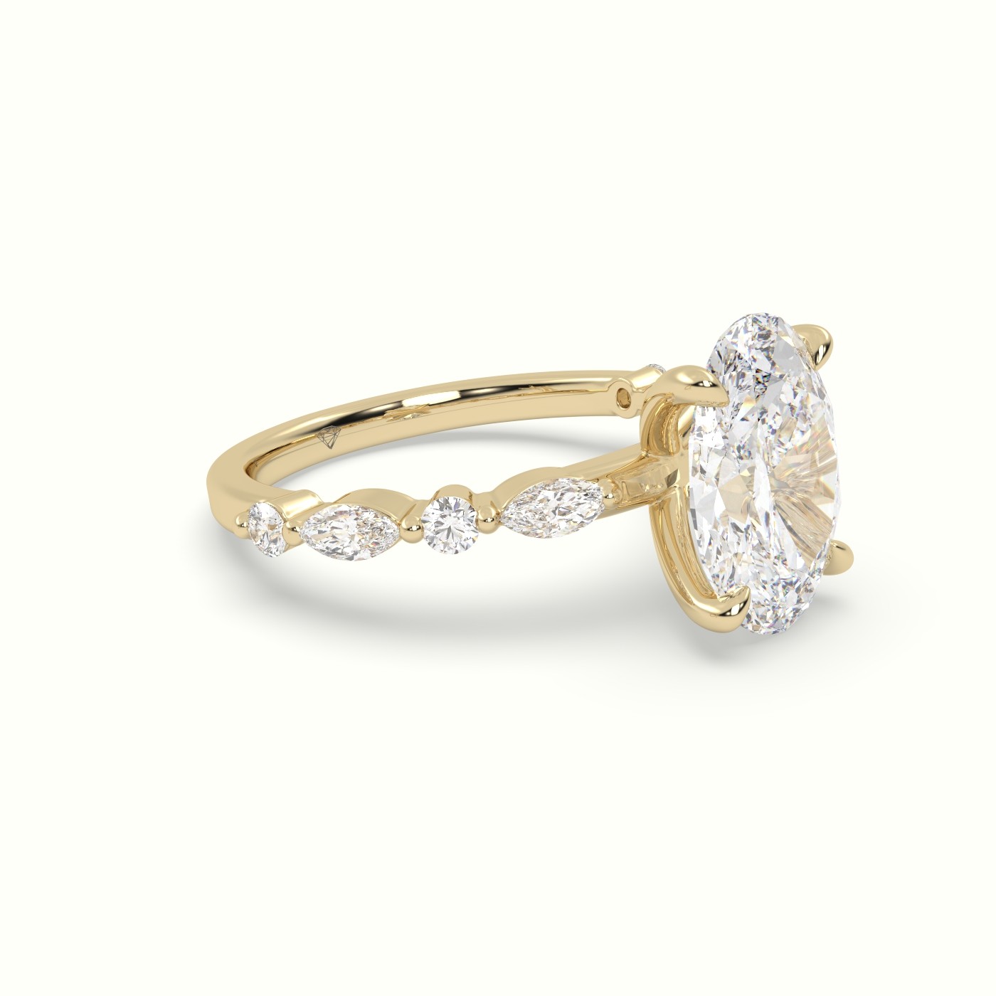 18K Yellow Gold Oval Center Diamond Engagement Ring with Marquise and Round Side Stones