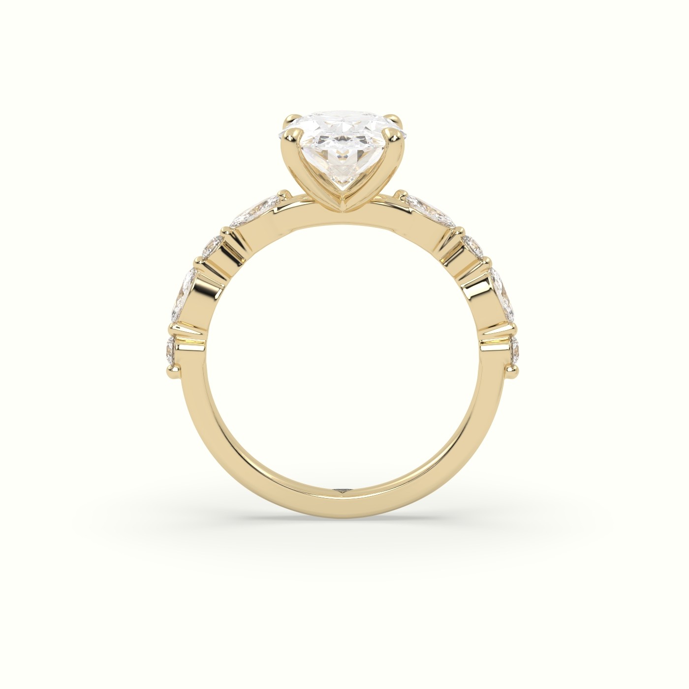 18K Yellow Gold Oval Center Diamond Engagement Ring with Marquise and Round Side Stones
