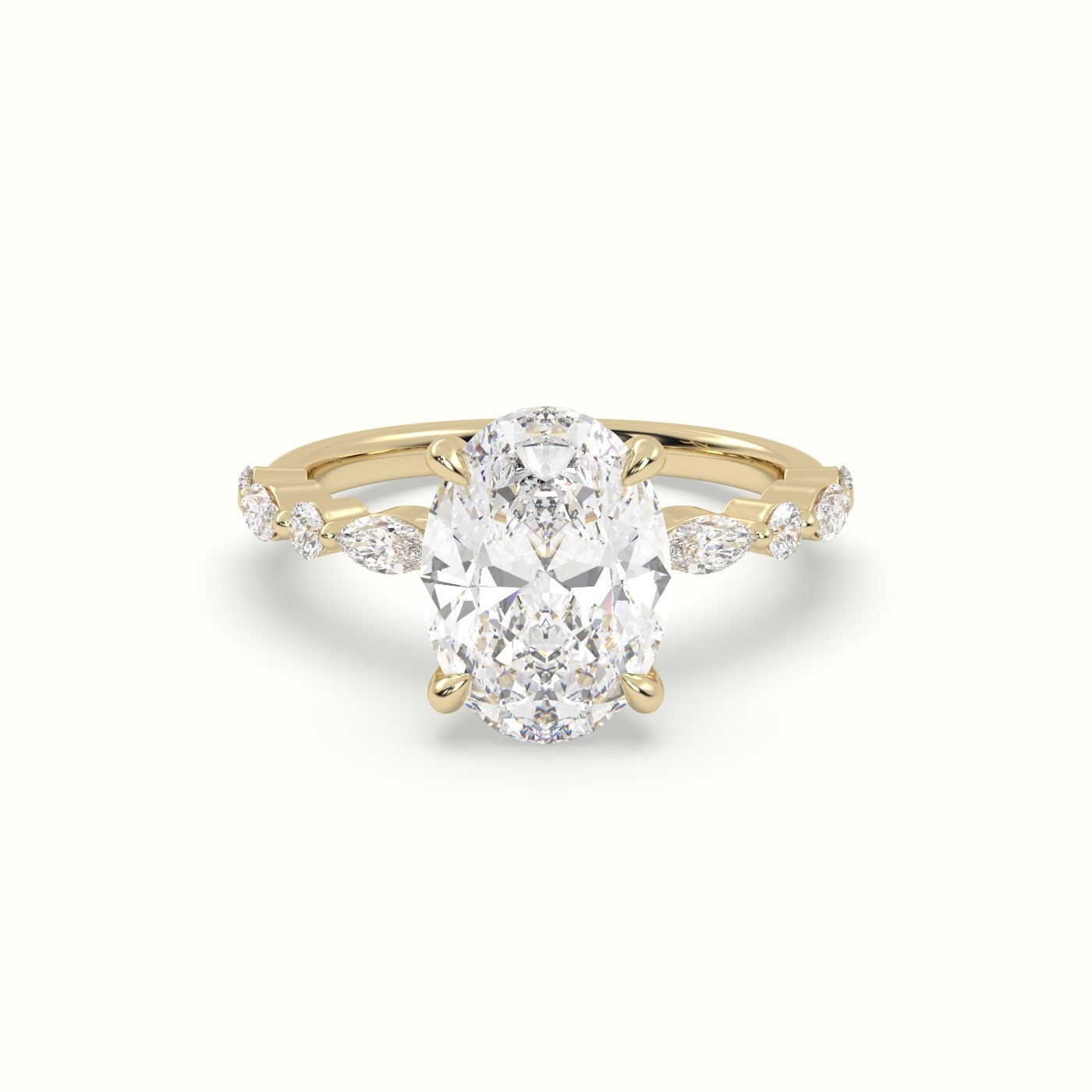 18K Yellow Gold Oval Center Diamond Engagement Ring with Marquise and Round Side Stones