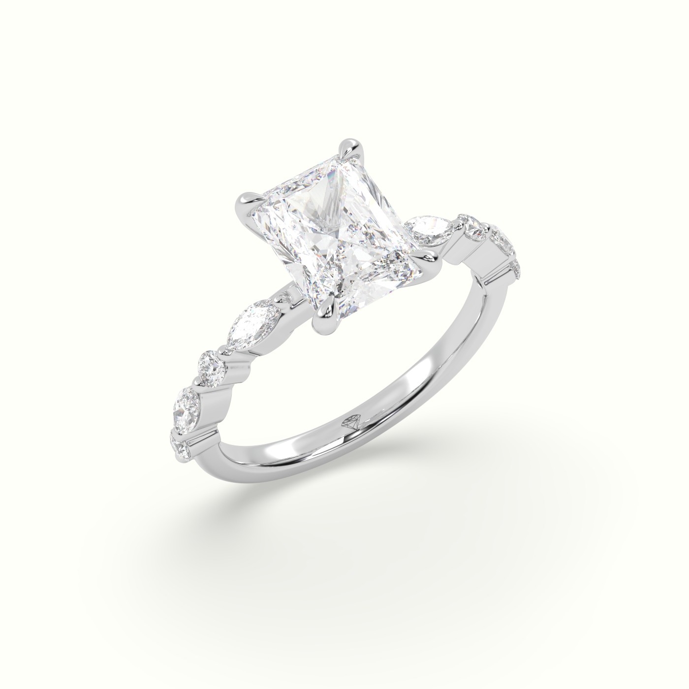 18K White Gold Radiant Cut Diamond Engagement Ring with Marquise and Round Side Stones