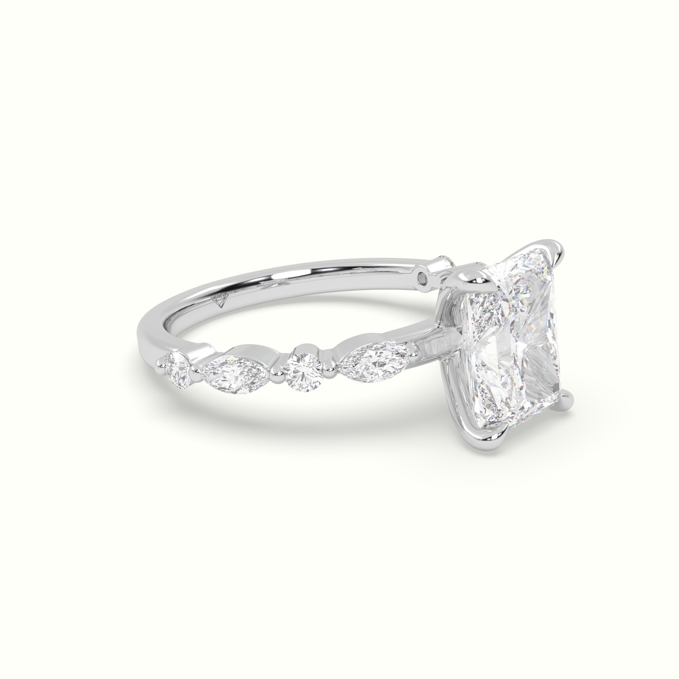 18K White Gold Radiant Cut Diamond Engagement Ring with Marquise and Round Side Stones