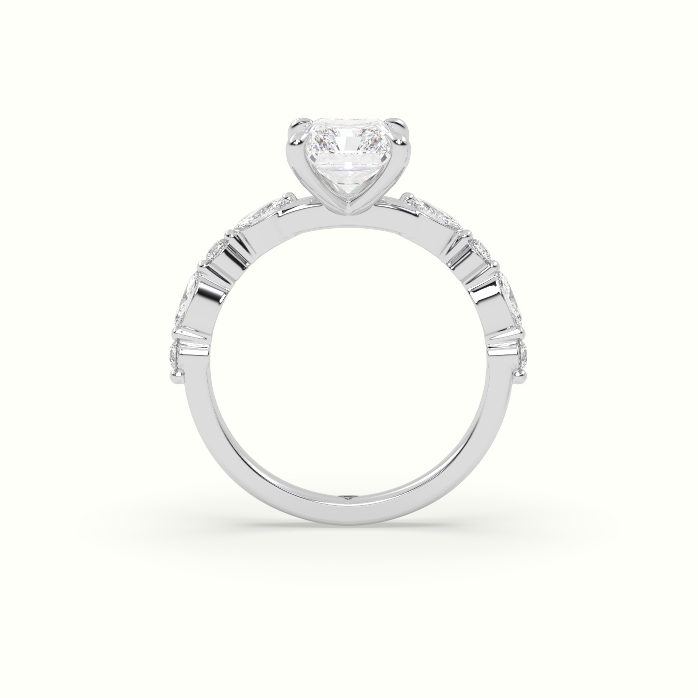 18K White Gold Radiant Cut Diamond Engagement Ring with Marquise and Round Side Stones