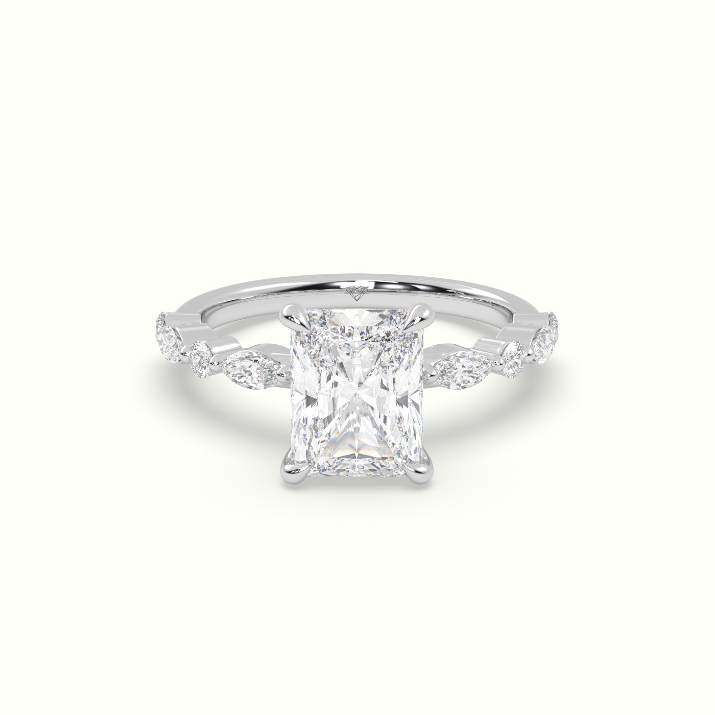 18K White Gold Radiant Cut Diamond Engagement Ring with Marquise and Round Side Stones