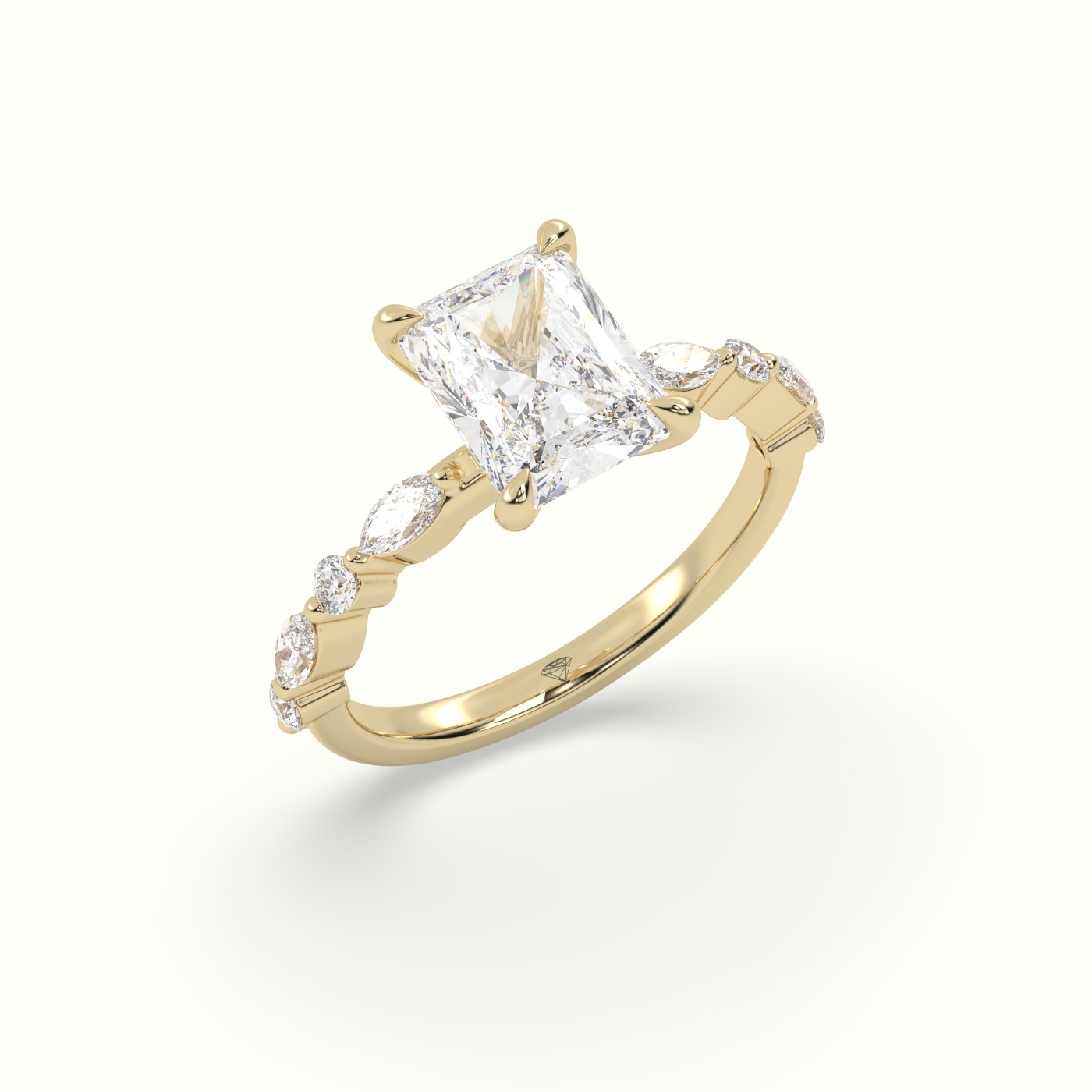 18K Yellow Gold Radiant Cut Diamond Engagement Ring with Marquise and Round Side Stones