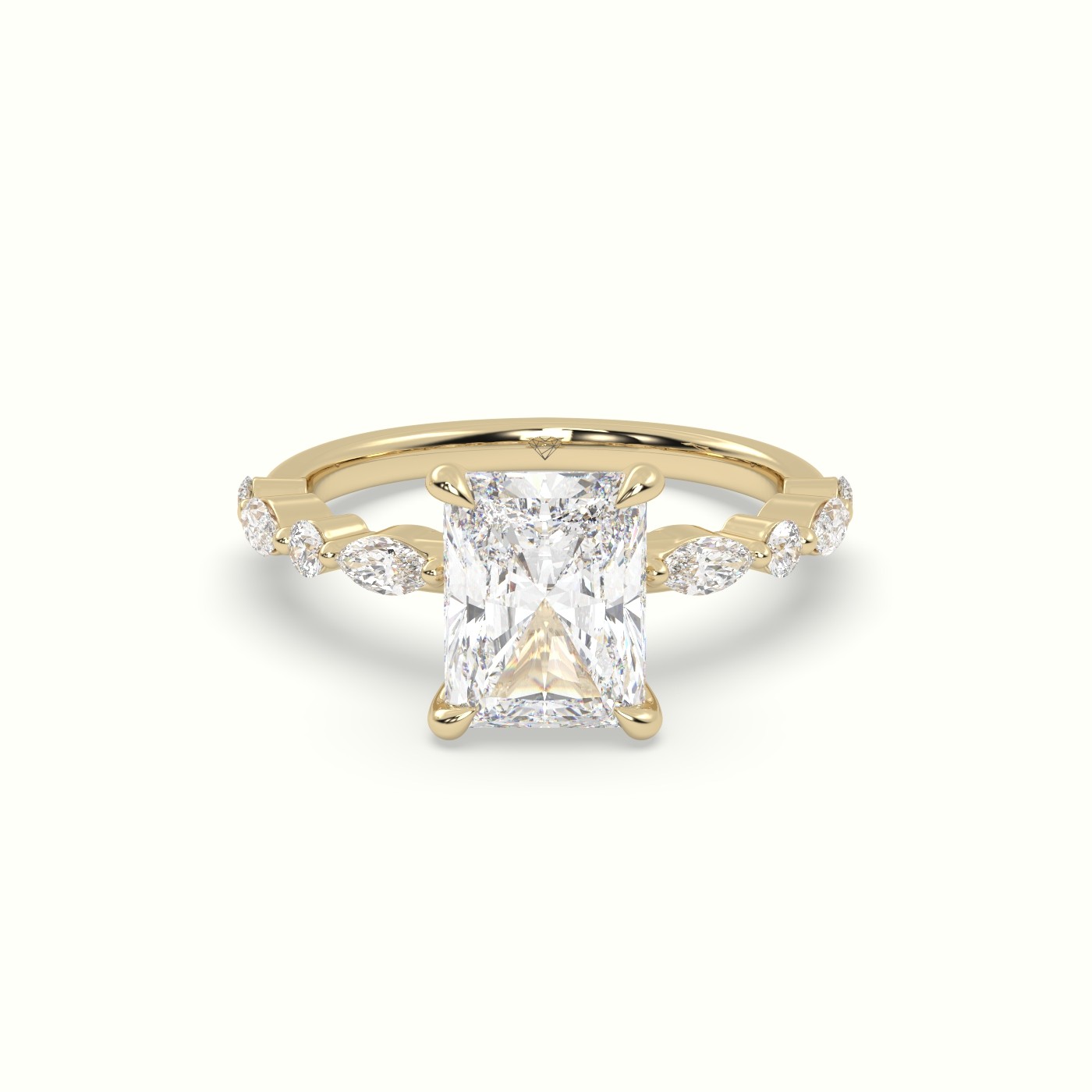 18K Yellow Gold Radiant Cut Diamond Engagement Ring with Marquise and Round Side Stones
