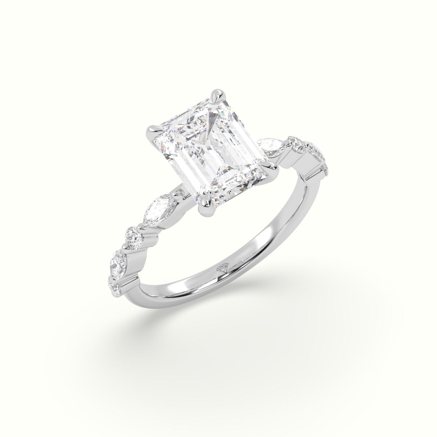 18K White Gold Emerald Cut Diamond Engagement Ring with Marquise and Round Side Stones