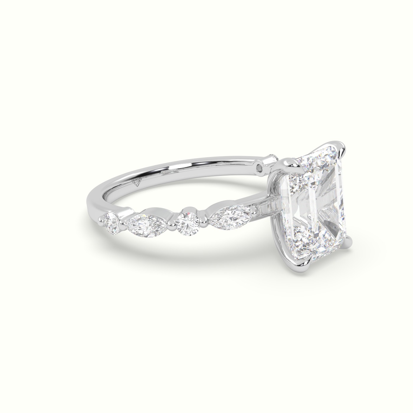 18K White Gold Emerald Cut Diamond Engagement Ring with Marquise and Round Side Stones