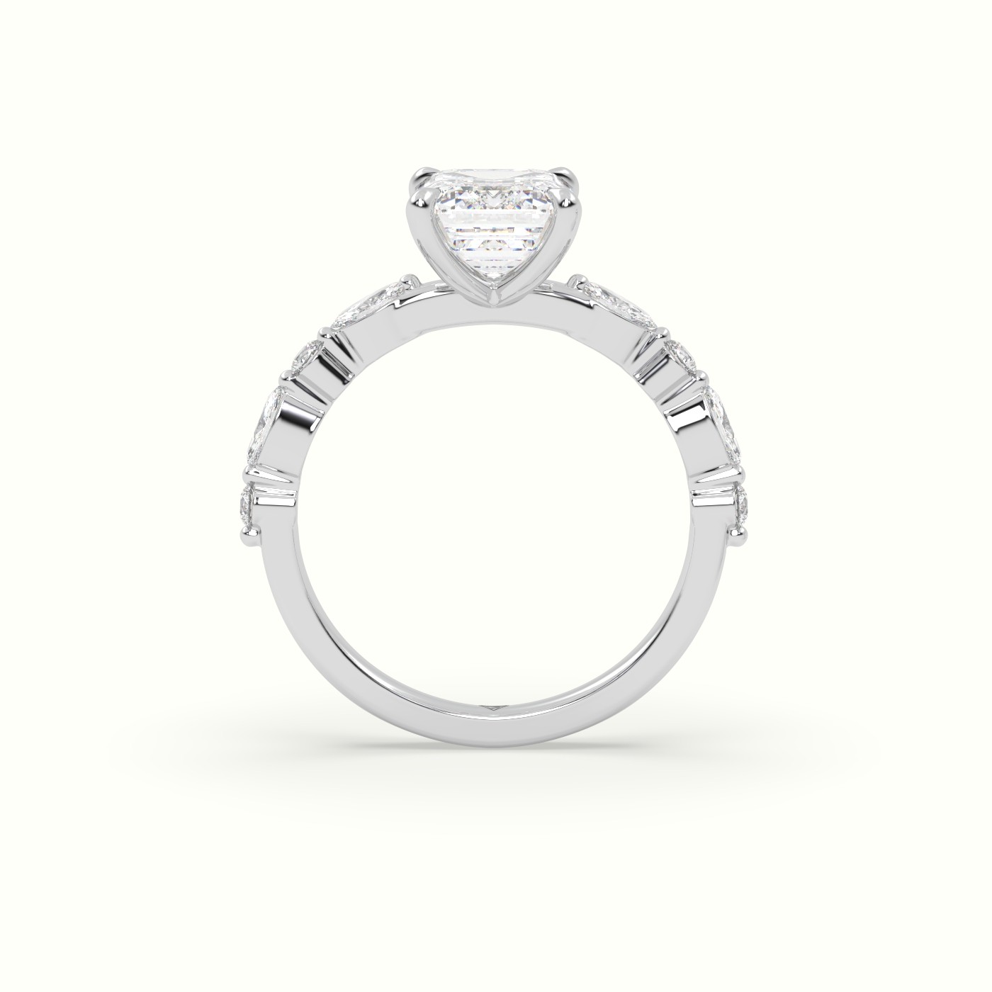 18K White Gold Emerald Cut Diamond Engagement Ring with Marquise and Round Side Stones
