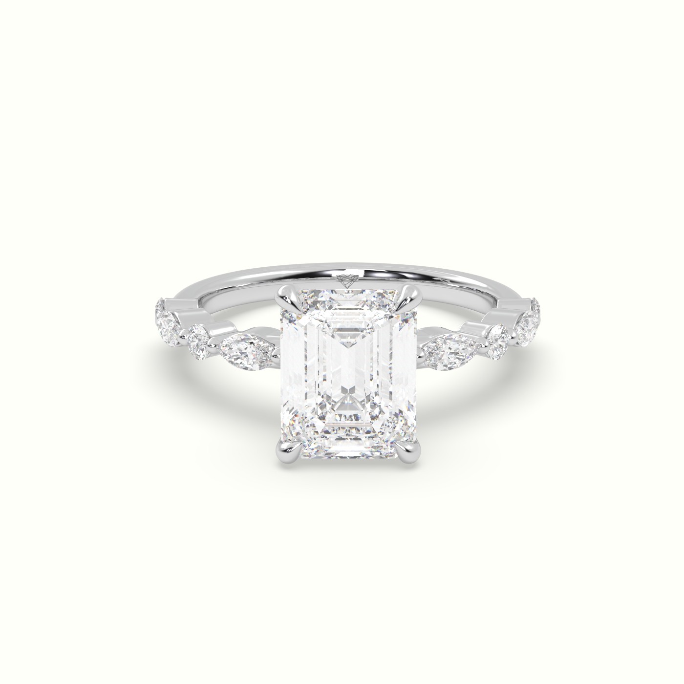 18K White Gold Emerald Cut Diamond Engagement Ring with Marquise and Round Side Stones