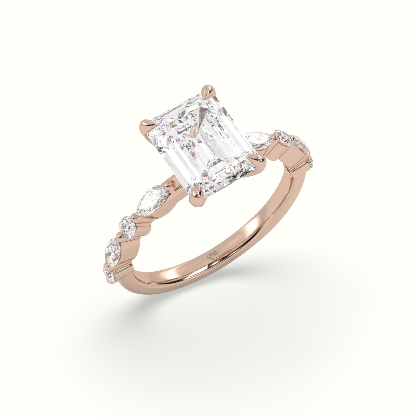 18K Rose Gold Emerald Cut Diamond Engagement Ring with Marquise and Round Side Stones