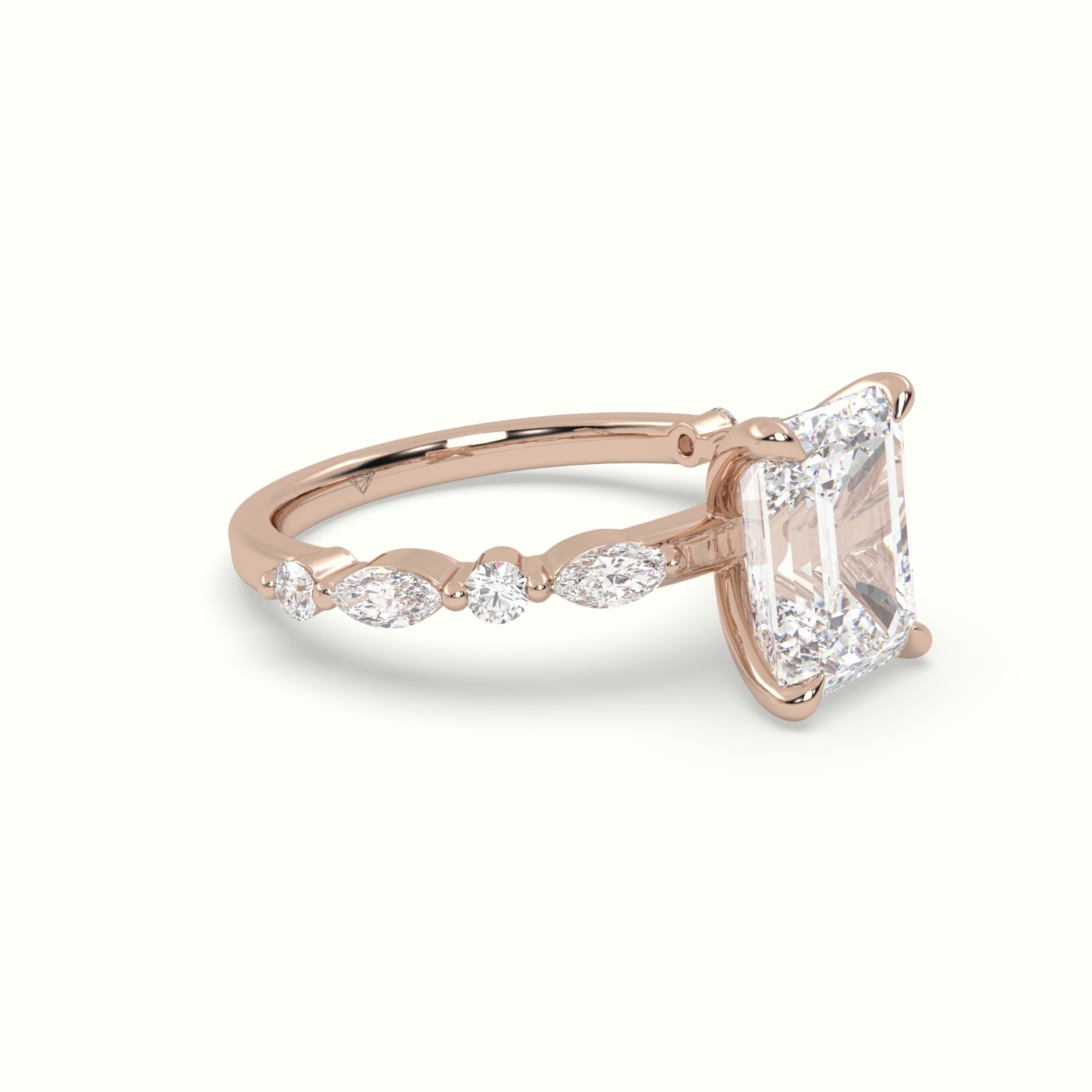 18K Rose Gold Emerald Cut Diamond Engagement Ring with Marquise and Round Side Stones