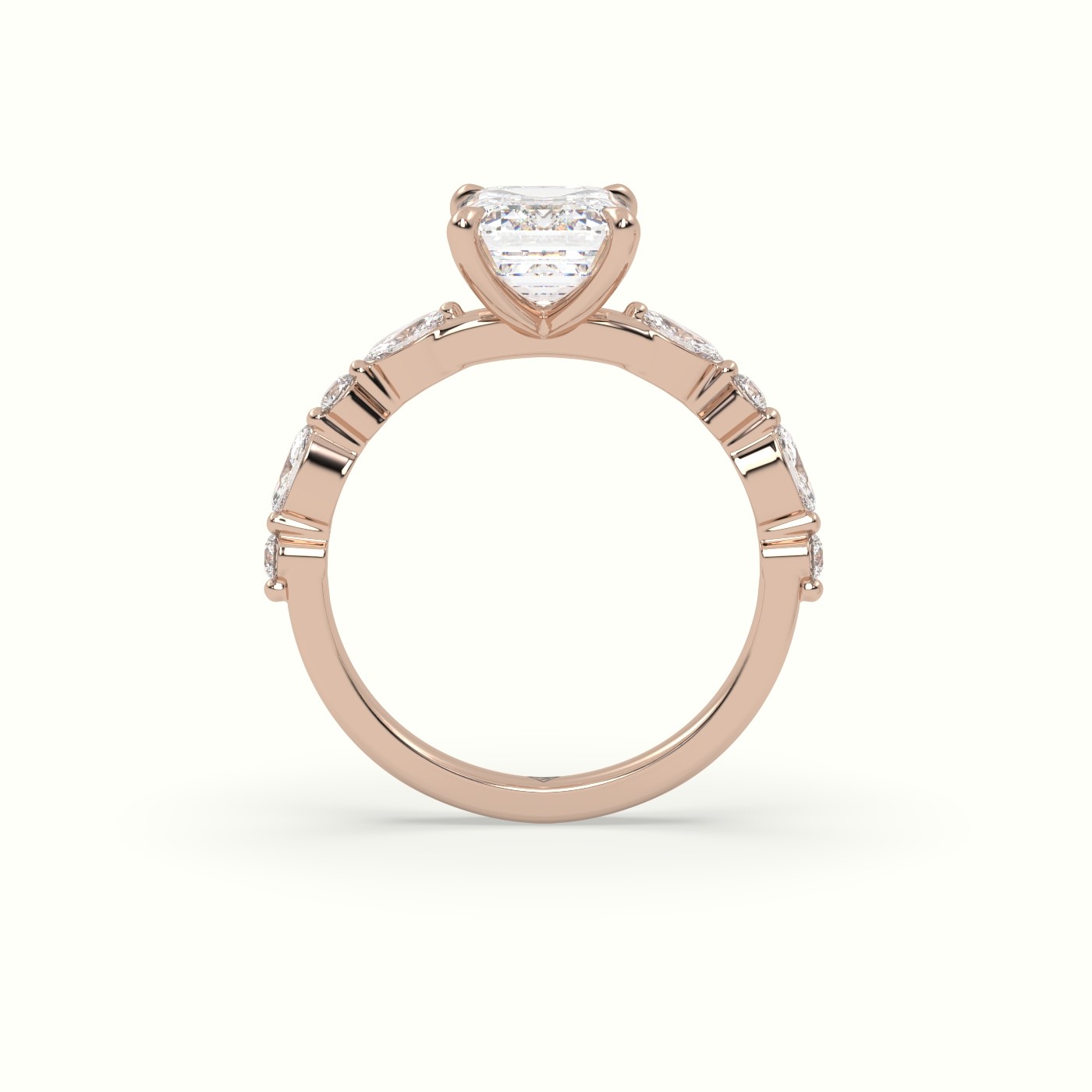 18K Rose Gold Emerald Cut Diamond Engagement Ring with Marquise and Round Side Stones
