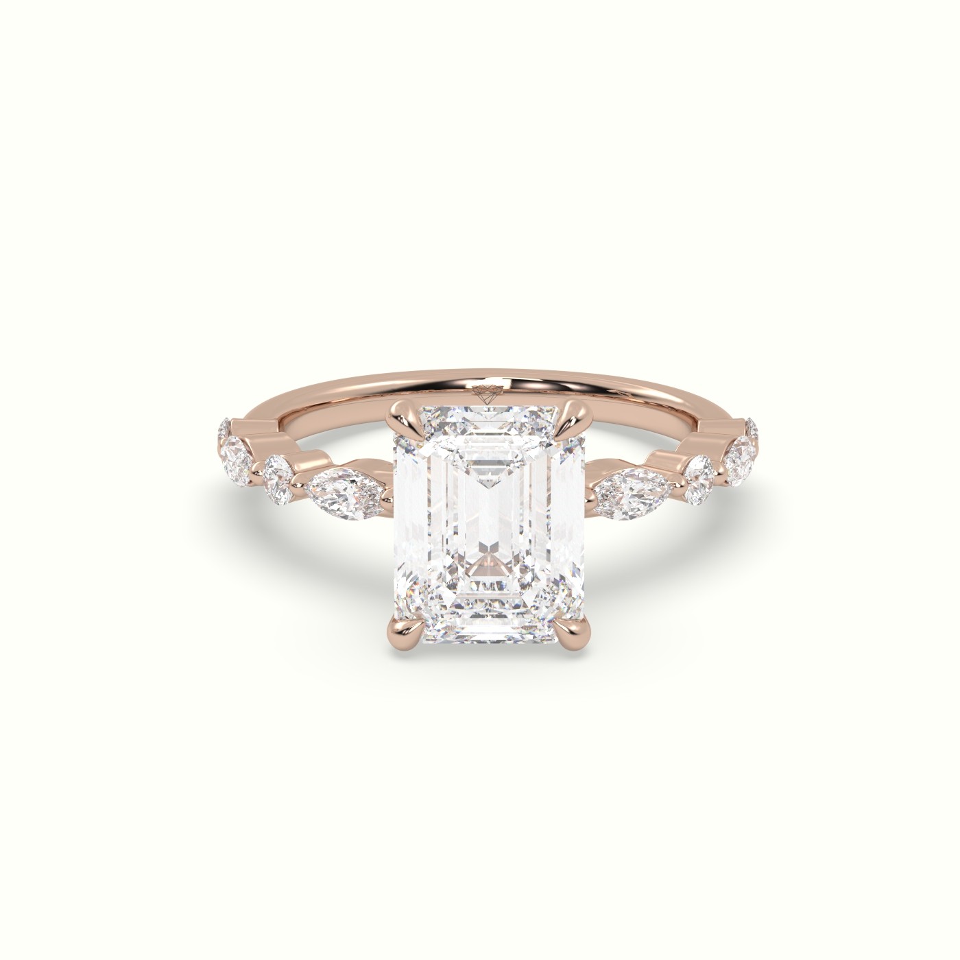 18K Rose Gold Emerald Cut Diamond Engagement Ring with Marquise and Round Side Stones