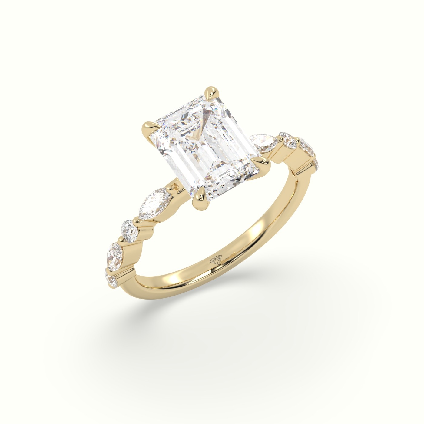 18K Yellow Gold Emerald Cut Diamond Engagement Ring with Marquise and Round Side Stones