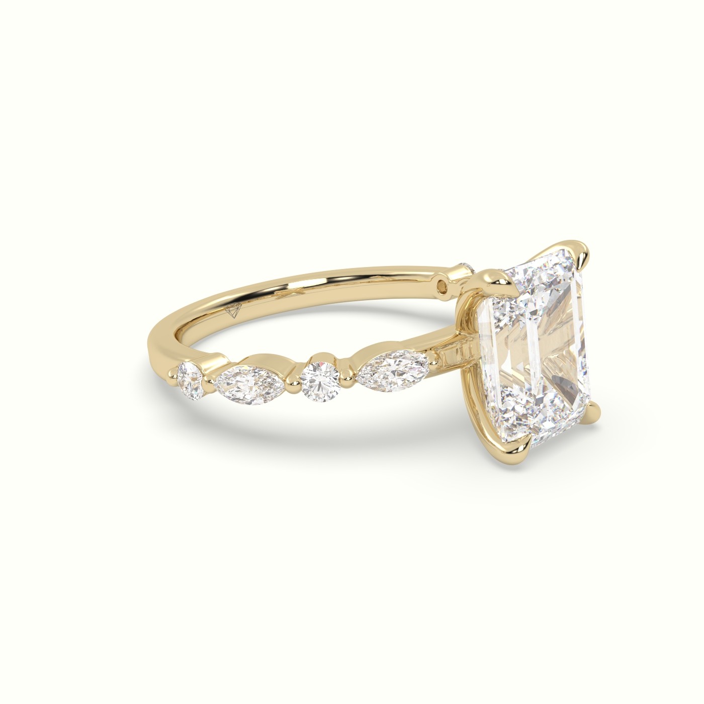 18K Yellow Gold Emerald Cut Diamond Engagement Ring with Marquise and Round Side Stones