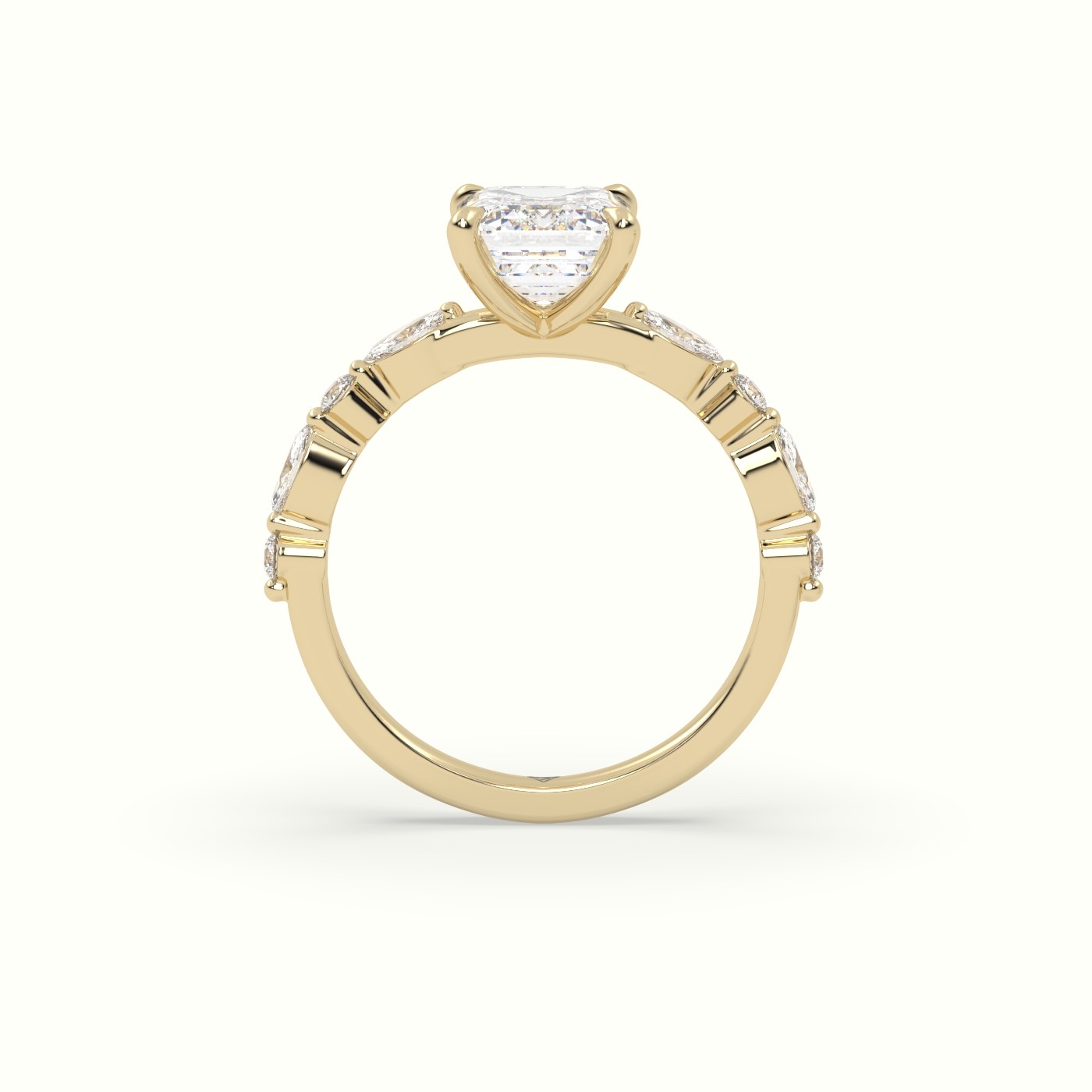 18K Yellow Gold Emerald Cut Diamond Engagement Ring with Marquise and Round Side Stones