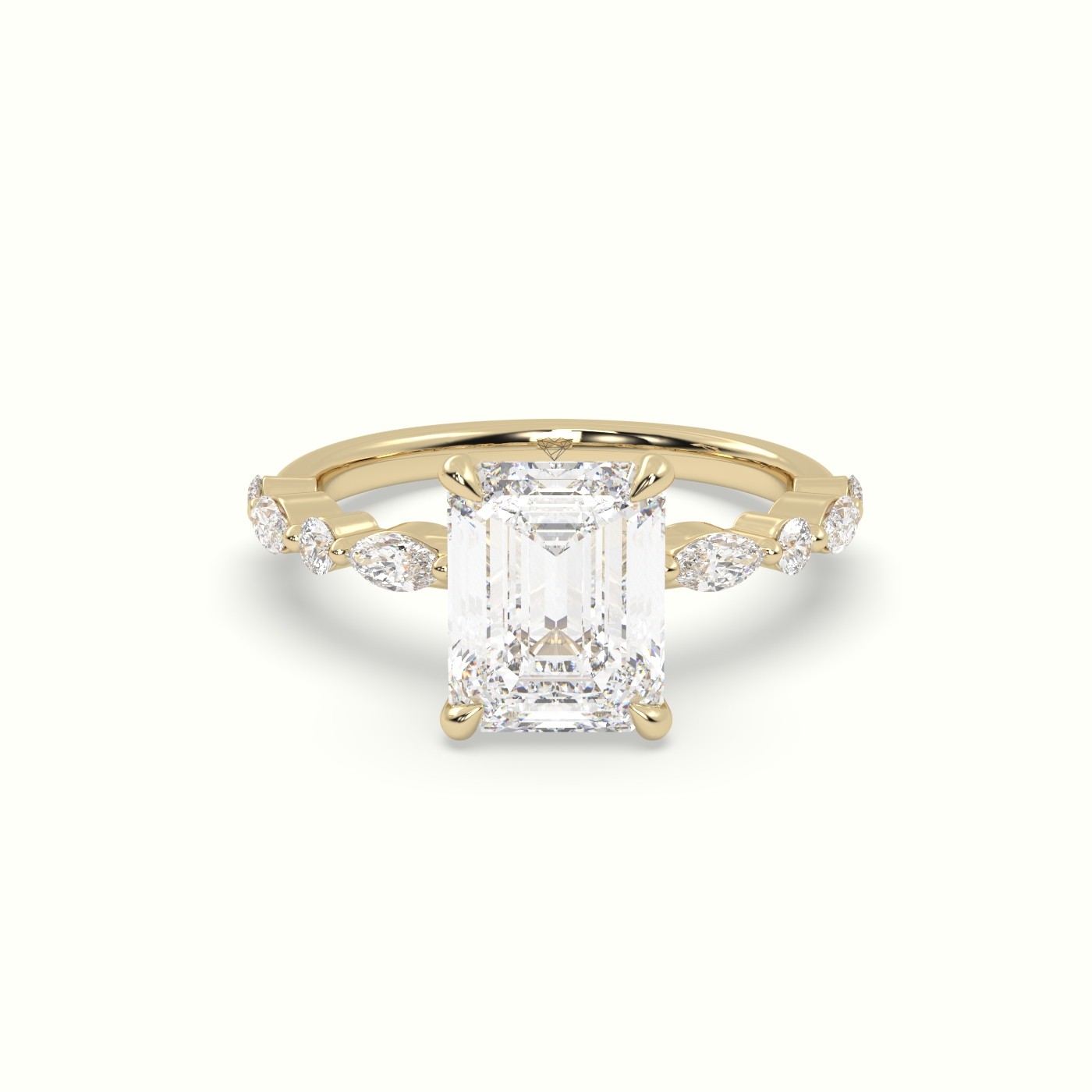 18K Yellow Gold Emerald Cut Diamond Engagement Ring with Marquise and Round Side Stones