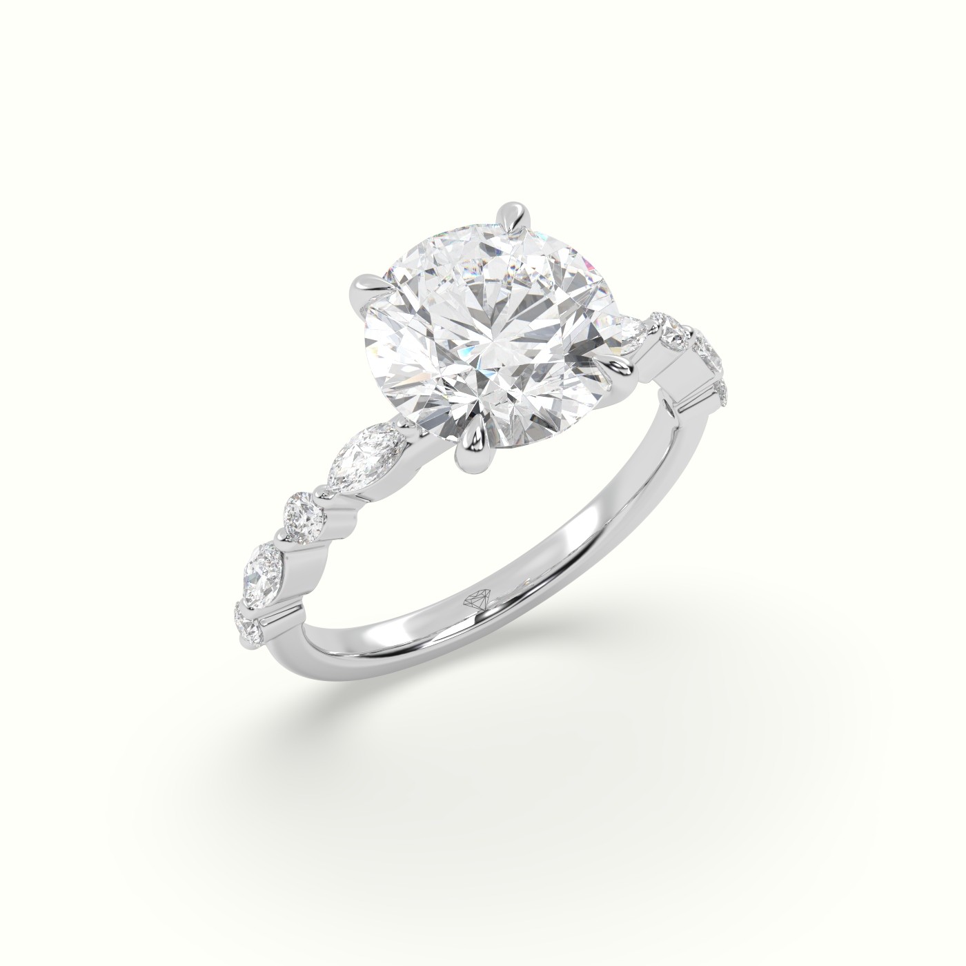 18K White Gold Round Cut Diamond Engagement Ring with Marquise and Round Side Stones