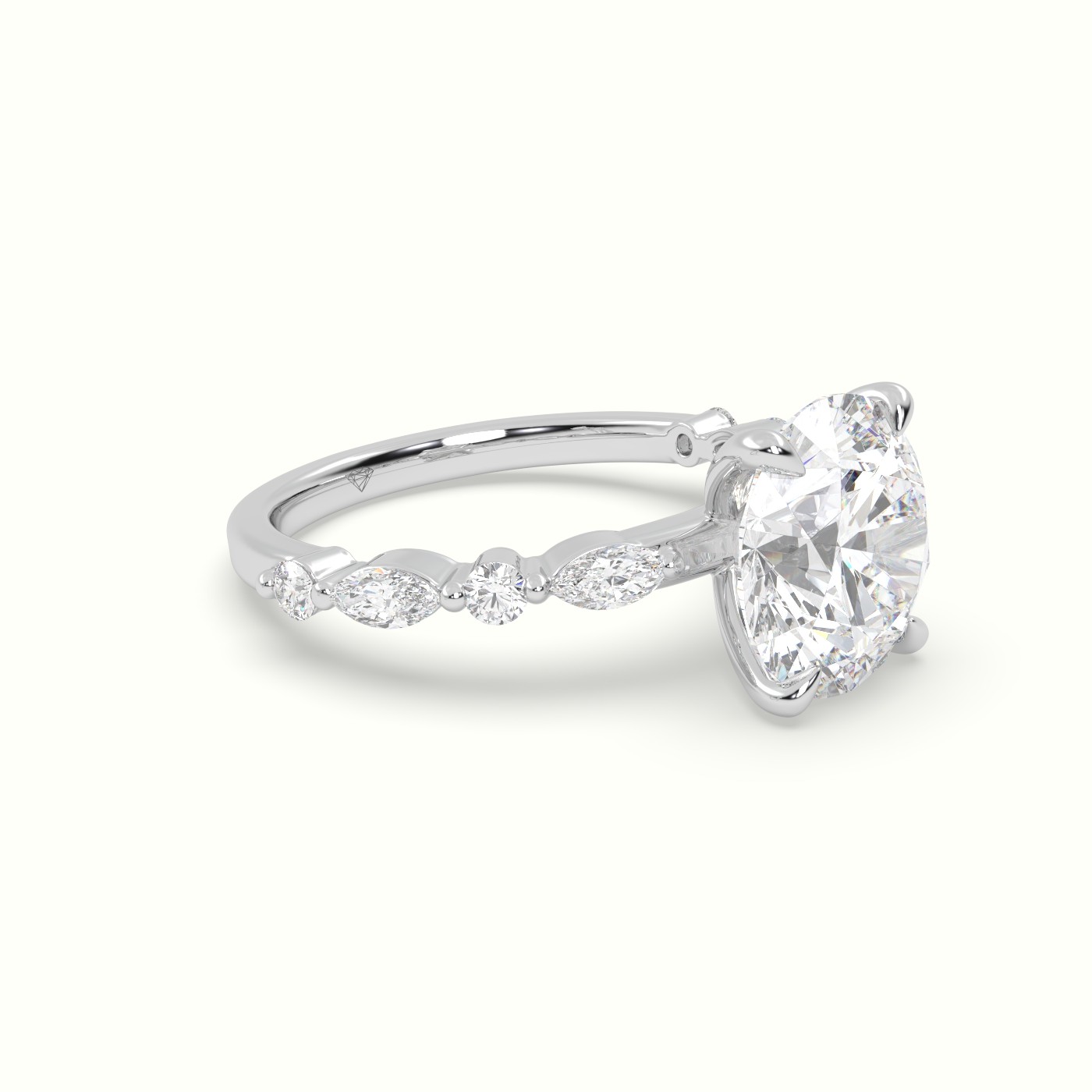 18K White Gold Round Cut Diamond Engagement Ring with Marquise and Round Side Stones