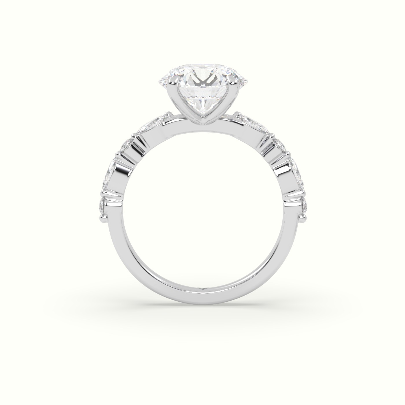 18K White Gold Round Cut Diamond Engagement Ring with Marquise and Round Side Stones