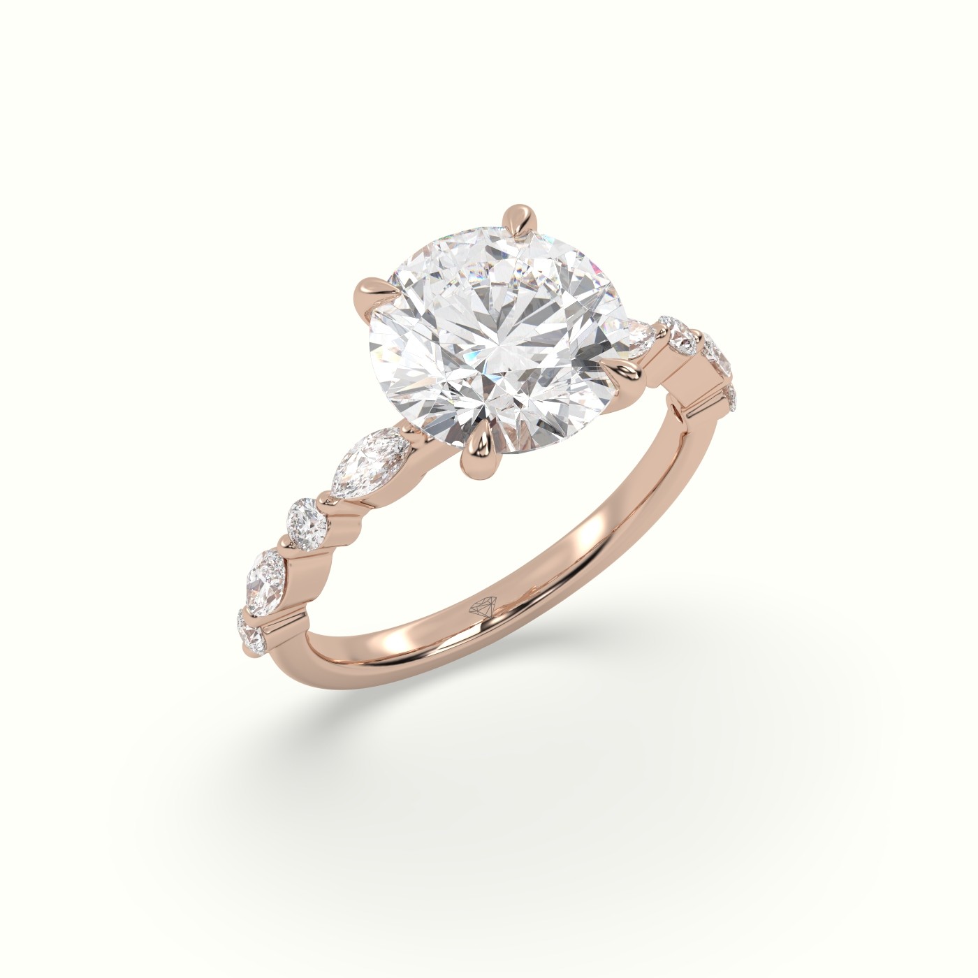 18K Rose Gold Round Cut Diamond Engagement Ring with Marquise and Round Side Stones
