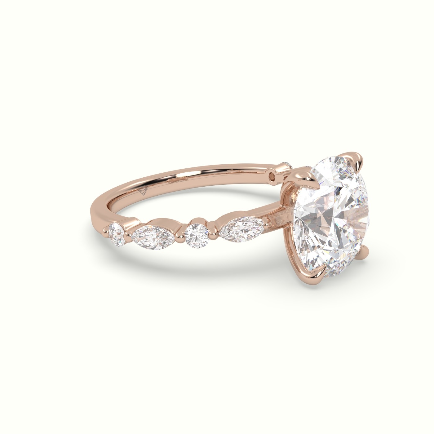 18K Rose Gold Round Cut Diamond Engagement Ring with Marquise and Round Side Stones