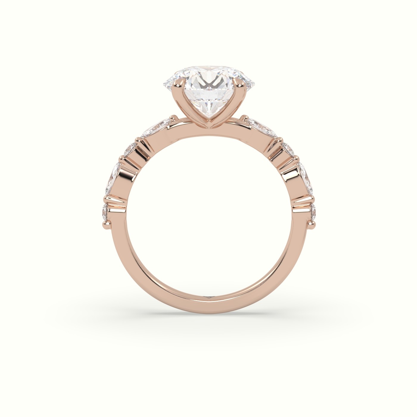 18K Rose Gold Round Cut Diamond Engagement Ring with Marquise and Round Side Stones