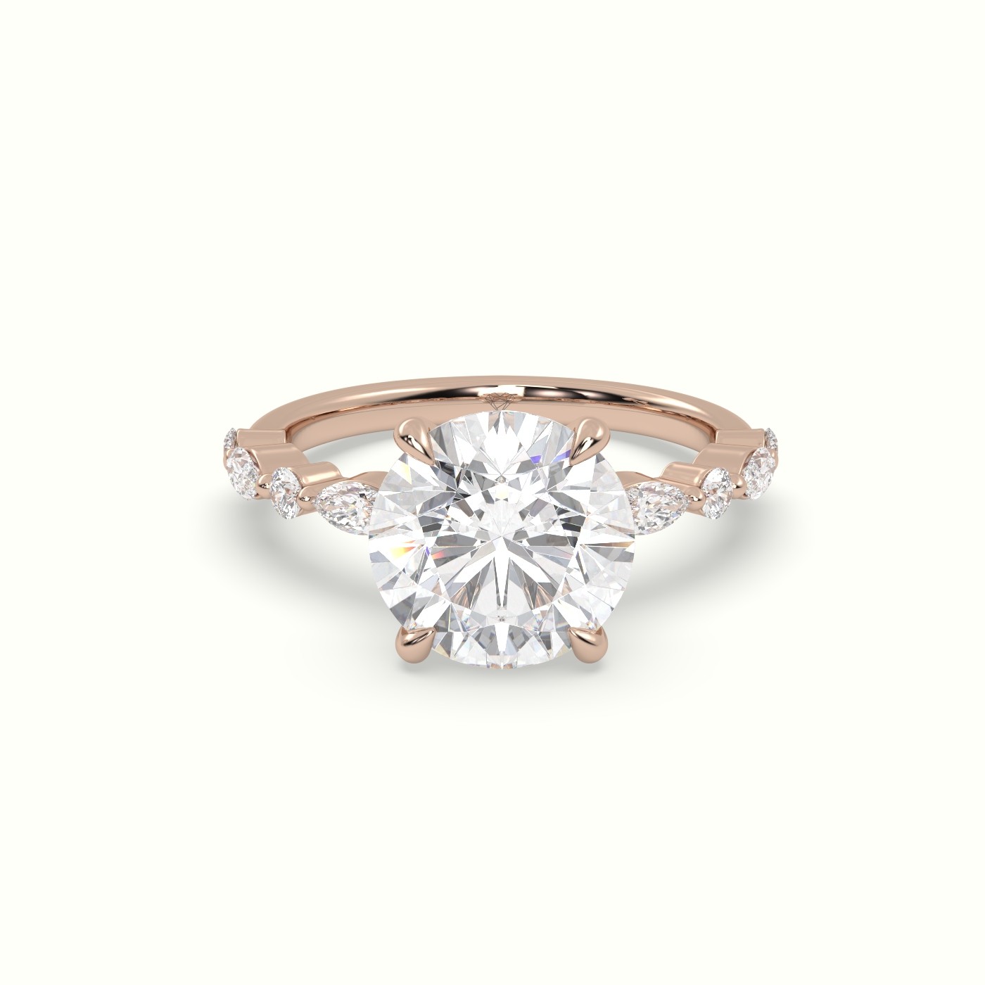 18K Rose Gold Round Cut Diamond Engagement Ring with Marquise and Round Side Stones