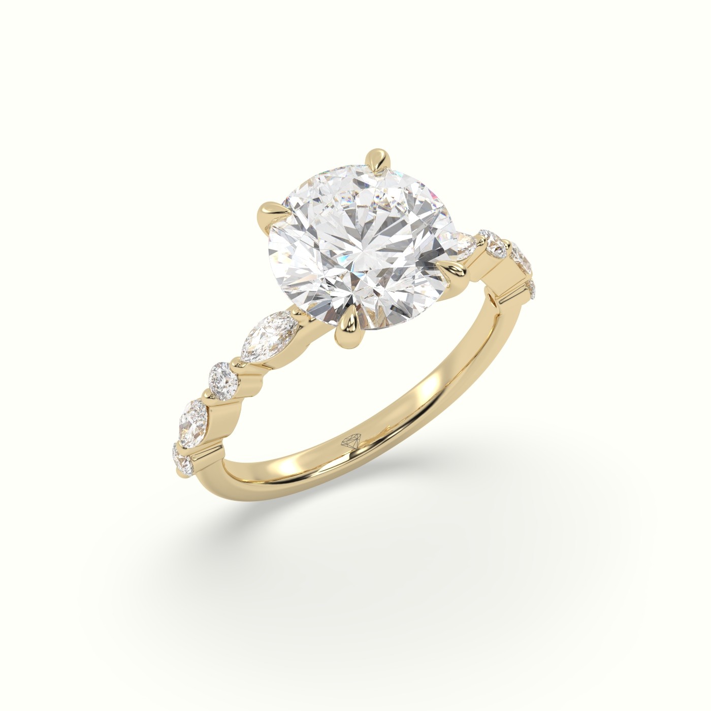 18K Yellow Gold Round Cut Diamond Engagement Ring with Marquise and Round Side Stones