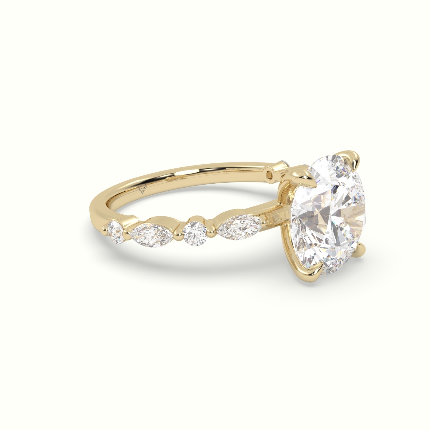 18K Yellow Gold Round Cut Diamond Engagement Ring with Marquise and Round Side Stones