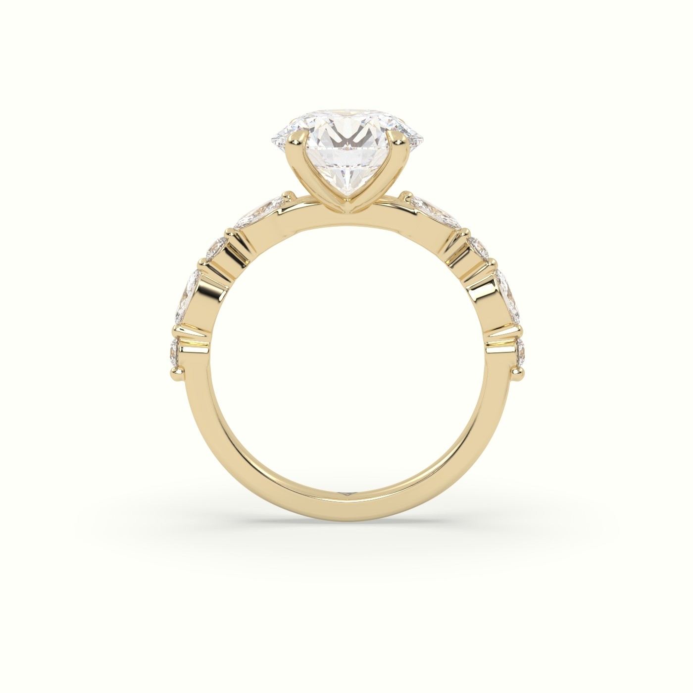 18K Yellow Gold Round Cut Diamond Engagement Ring with Marquise and Round Side Stones