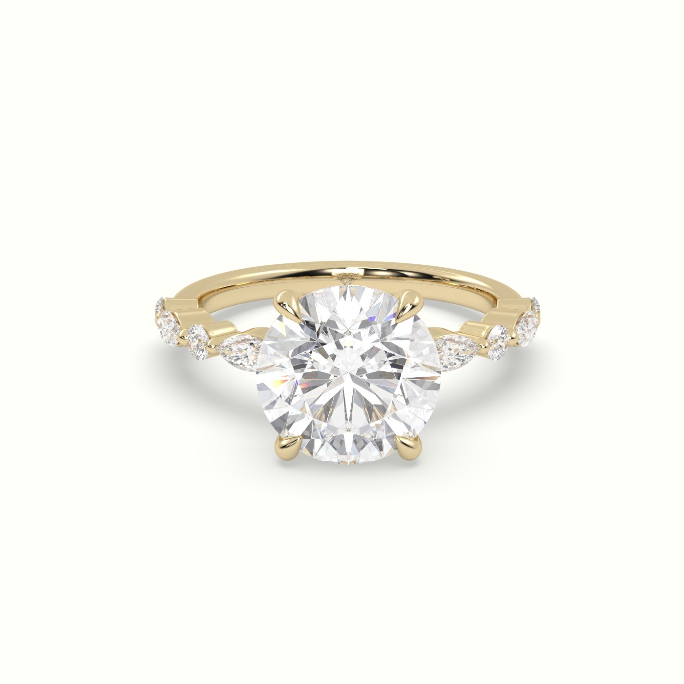 18K Yellow Gold Round Cut Diamond Engagement Ring with Marquise and Round Side Stones