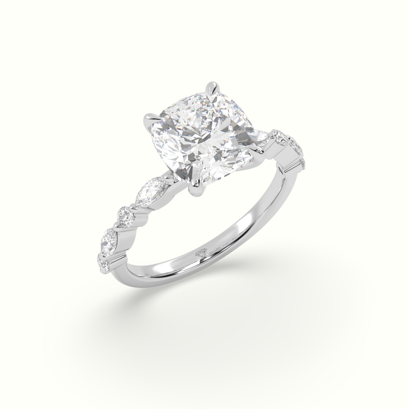 18K White Gold Cushion Cut Diamond Engagement Ring with Marquise and Round Side Stones