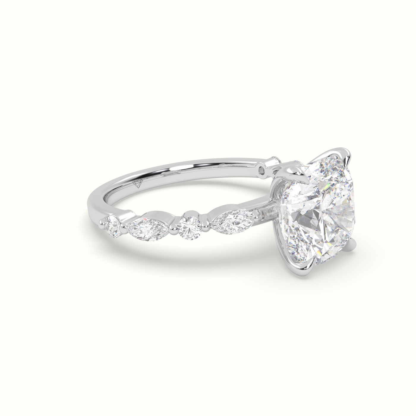 18K White Gold Cushion Cut Diamond Engagement Ring with Marquise and Round Side Stones