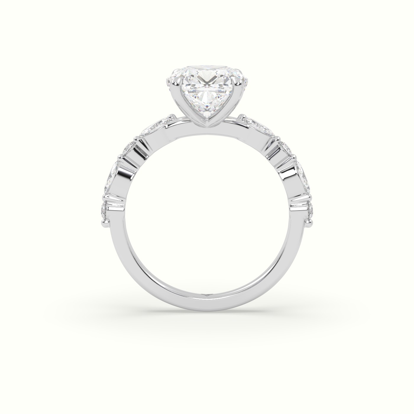 18K White Gold Cushion Cut Diamond Engagement Ring with Marquise and Round Side Stones