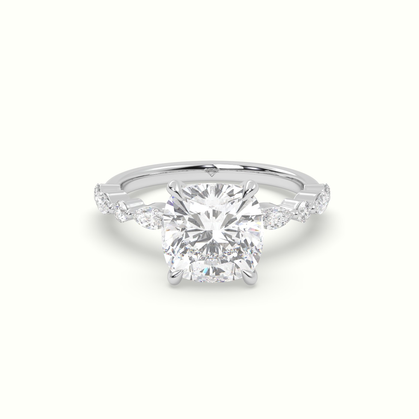 18K White Gold Cushion Cut Diamond Engagement Ring with Marquise and Round Side Stones