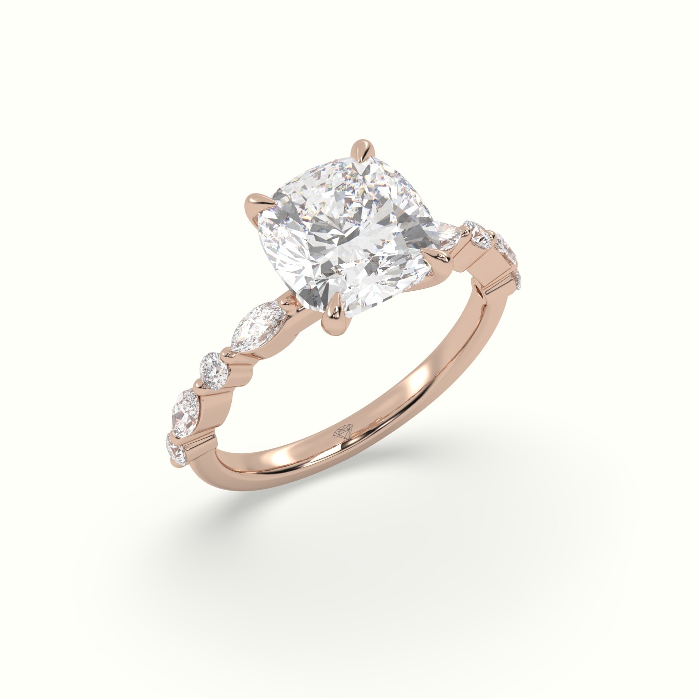 18K Rose Gold Cushion Cut Diamond Engagement Ring with Marquise and Round Side Stones