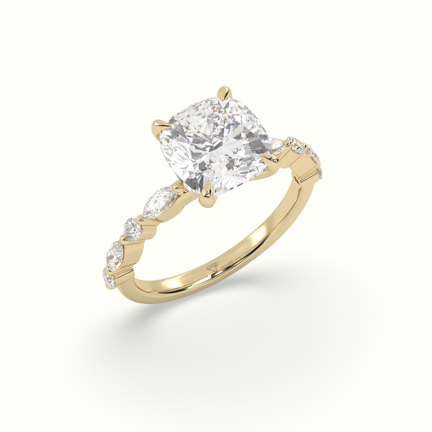 18K Yellow Gold Cushion Cut Diamond Engagement Ring with Marquise and Round Side Stones