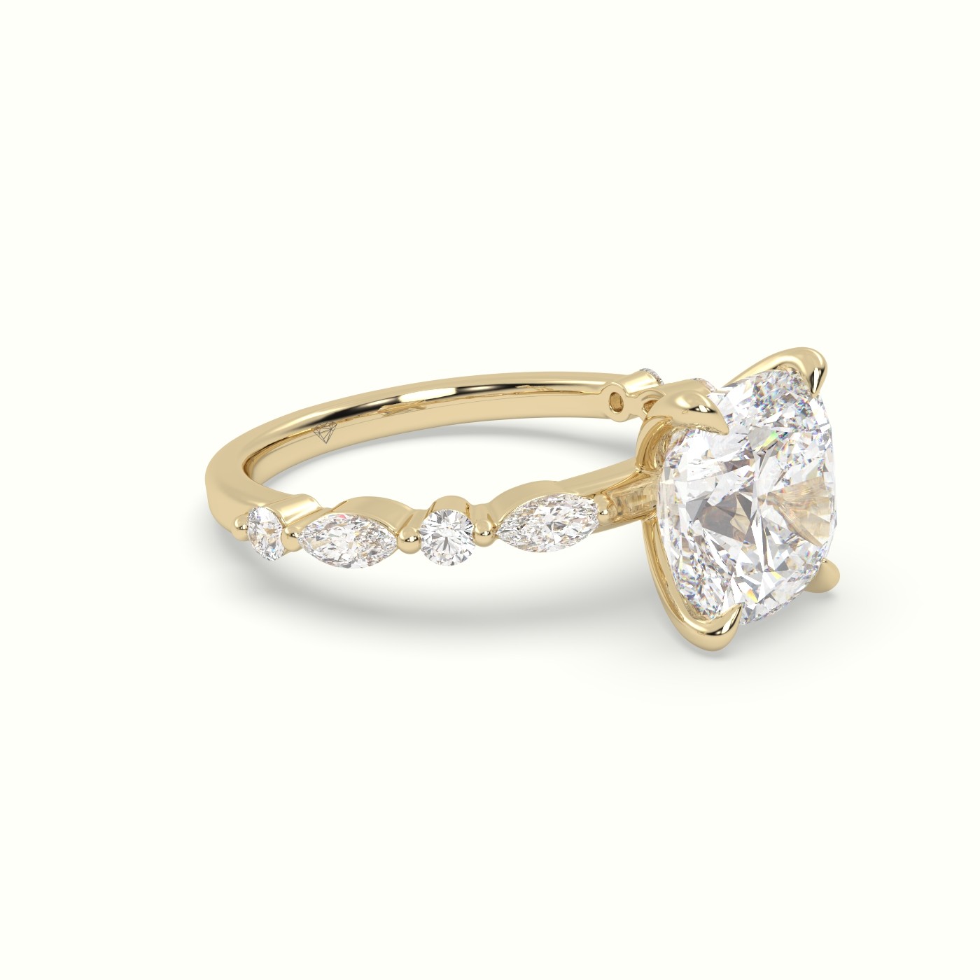 18K Yellow Gold Cushion Cut Diamond Engagement Ring with Marquise and Round Side Stones