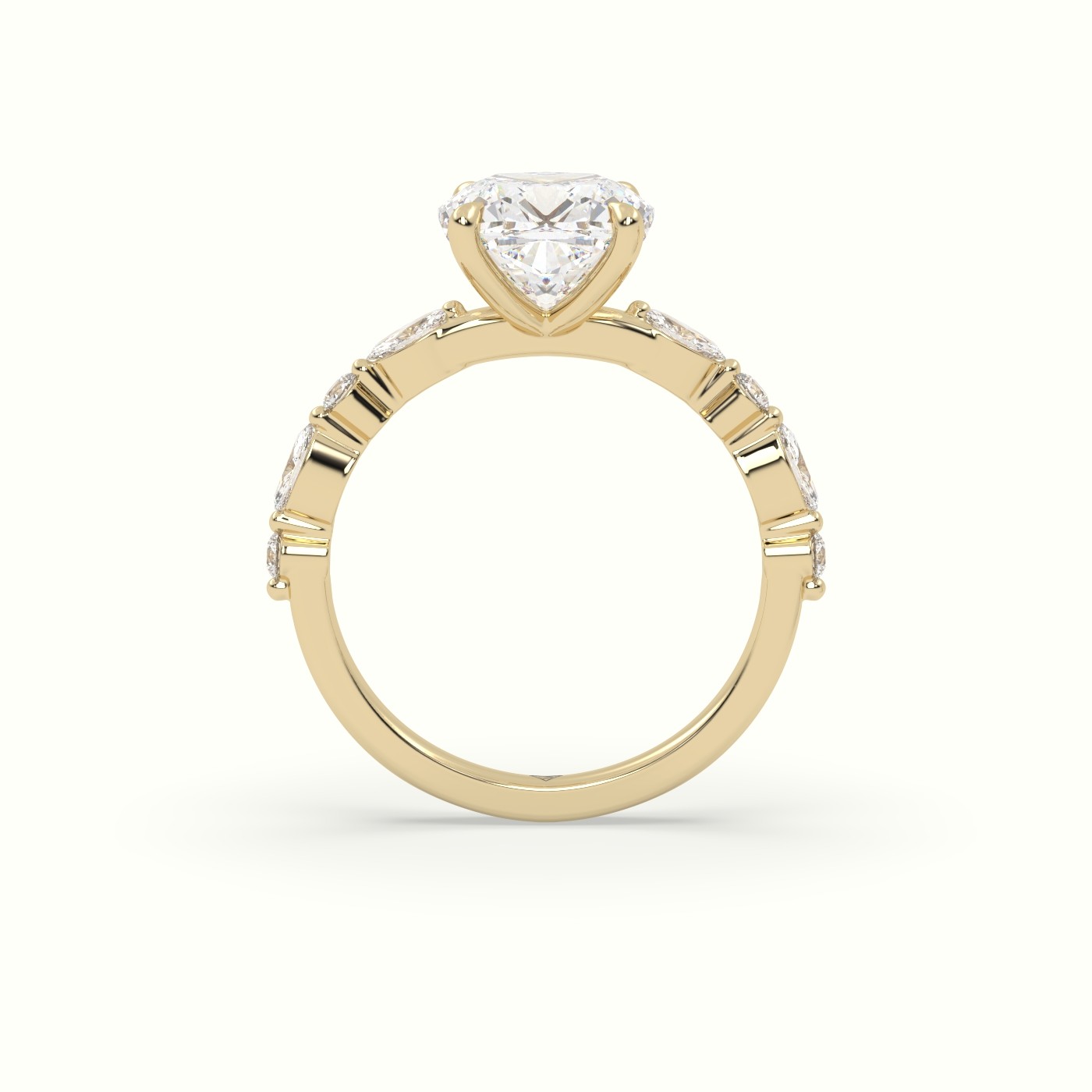18K Yellow Gold Cushion Cut Diamond Engagement Ring with Marquise and Round Side Stones