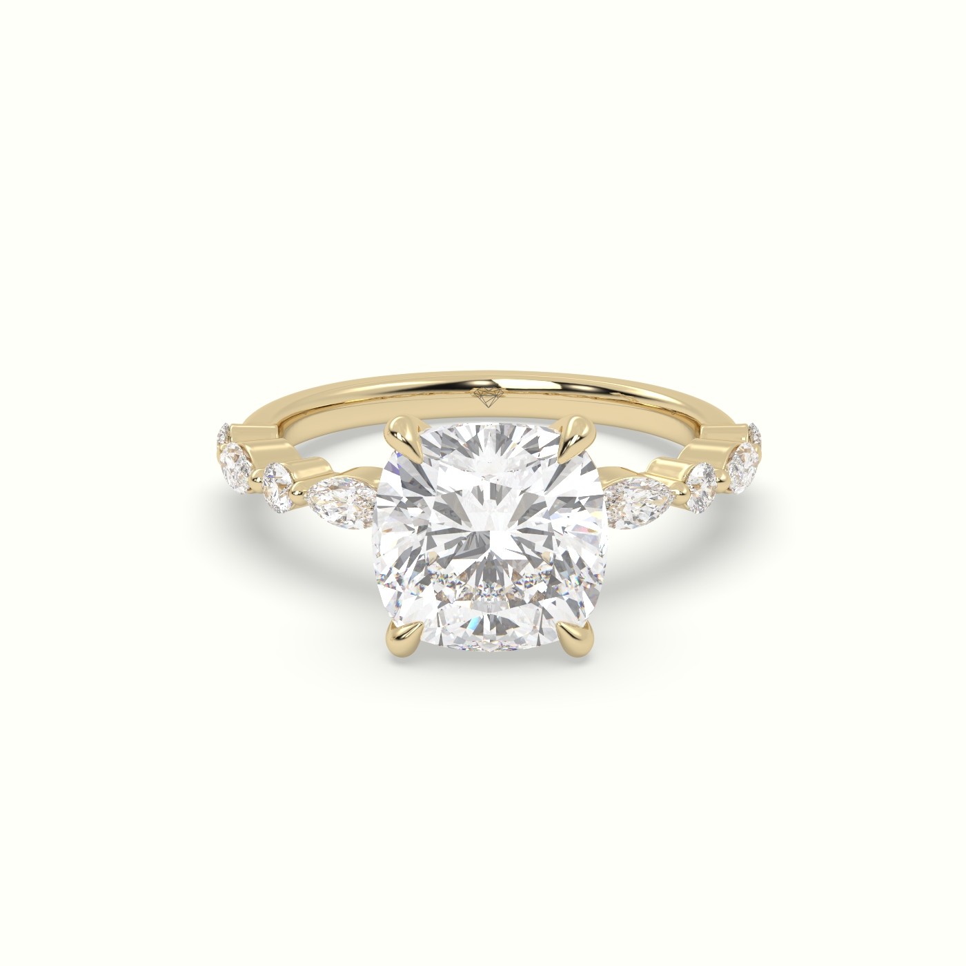 18K Yellow Gold Cushion Cut Diamond Engagement Ring with Marquise and Round Side Stones